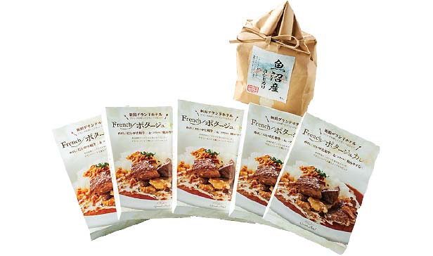 新潟県地域ブランド米「魚沼産コシヒカリ」１kg、フレンチポタージュカレー5箱